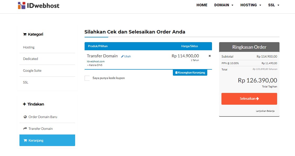 Cara Order / Proses Transfer Domain ke IDwebhost.com 6