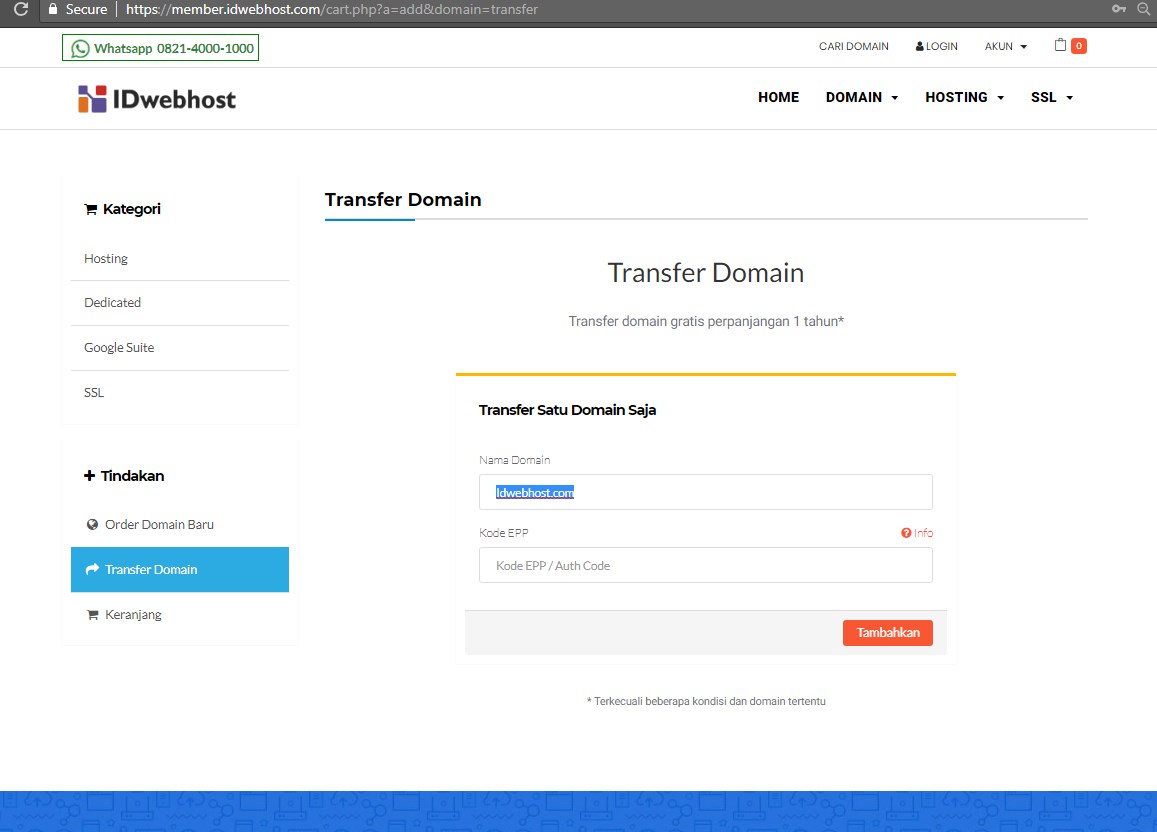 Cara Order / Proses Transfer Domain ke IDwebhost.com 3