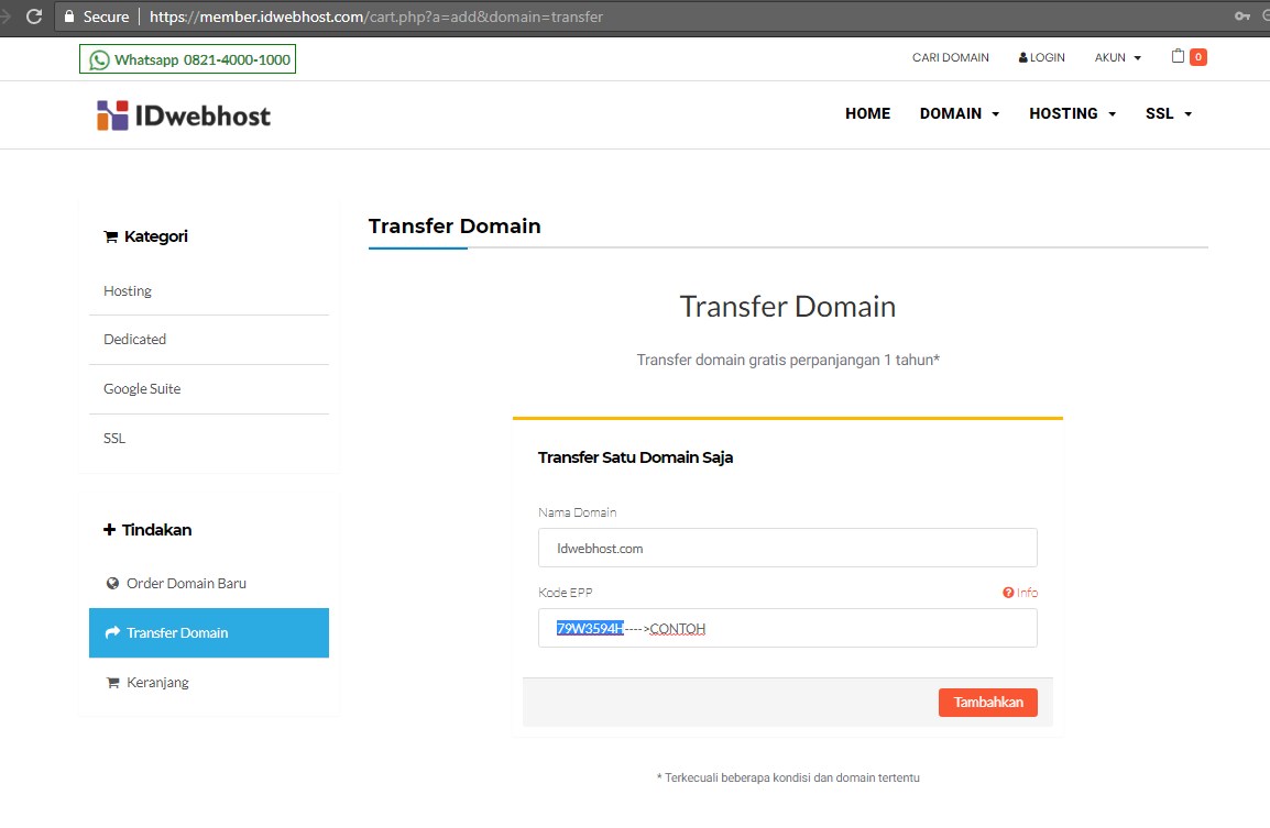 Cara Order / Proses Transfer Domain ke IDwebhost.com 4
